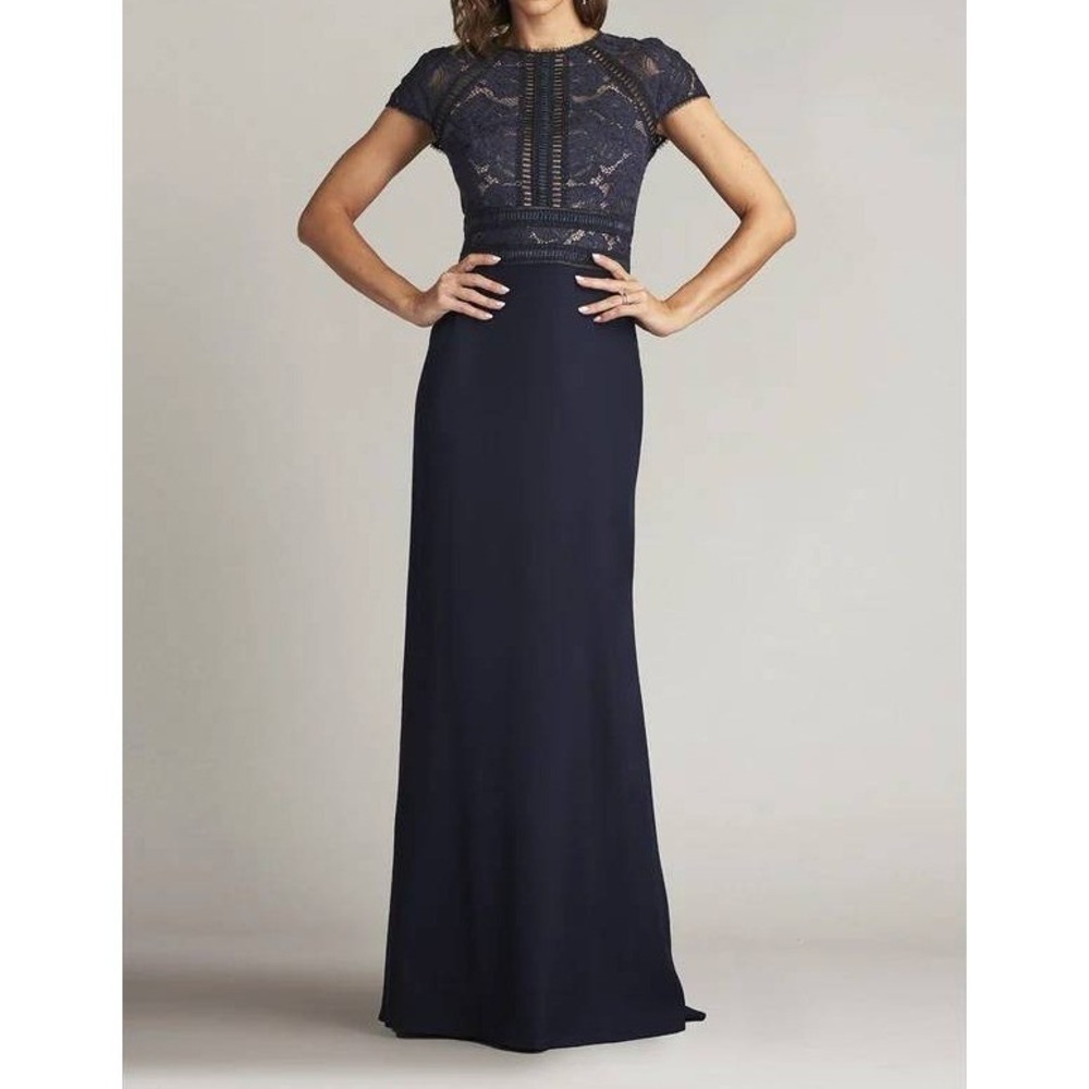Tadashi Shoji Womens Lace Bodice Cap Sleeve Maxi Evening Gown Size 8 Navy NEW